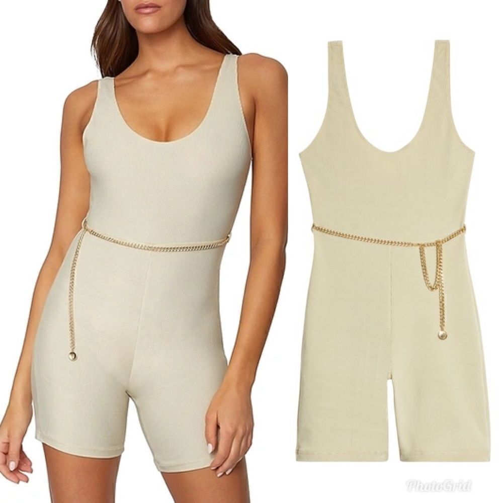 Revolve WeWoreWhat Beige Chain Romper Unitard Belted Ribbed Khaki Bodysuit
